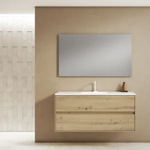 Mueble de baño suspendido Mydesign con lavabo de porcelana, en madera, ambientado en baño