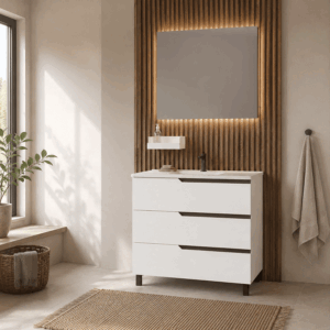Conjunto de mueble de baño Bohe tres cajones con patas y lavabo porcelánico Marte