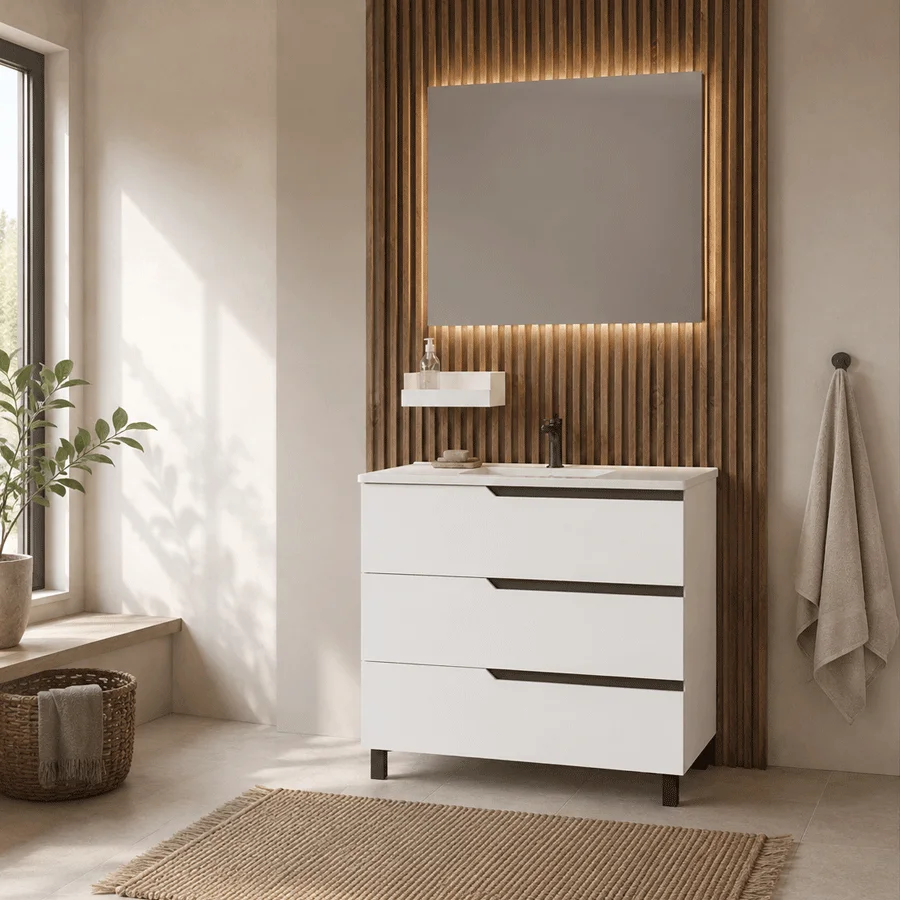 1111 Conjunto de mueble de baño Bohe tres cajones con patas y lavabo porcelánico Marte, en blanco con espejo