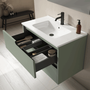 Mueble de baño Ezio con lavabo de porcelana y tres cajones con patas en negro - Imagen 6