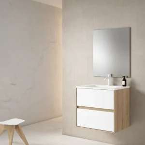 Mueble de baño suspendido Mydesign con lavabo de porcelana, en blanco, ambientado en baño, vista 11