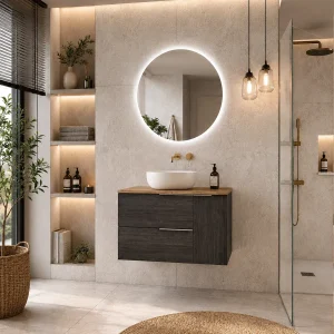 Conjunto mueble de baño Vulcano dos cajones suspendido, en negro, ambientado en baño