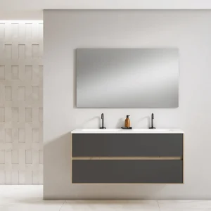 Mueble de baño suspendido Mydesign con doble lavabo de porcelana, en gris oscuro con espejo