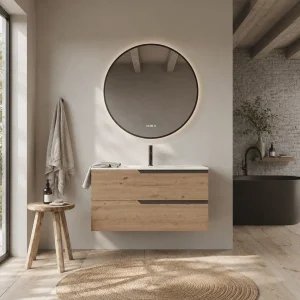 Conjunto de mueble de baño suspendido Bohe con lavabo de porcelana y gran capacidad, en madera, ambientado en baño