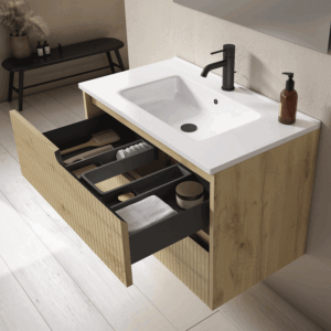 Mueble de baño Ezio con lavabo de porcelana y tres cajones con patas en negro - Imagen 4