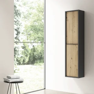 Columna auxiliar de baño suspendido Doly con dos puertas, costado y tirador en antracita, en madera, ambientado en baño
