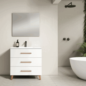 Mueble de baño Fusta con lavabo de porcelana, tres cajones y diseño con patas