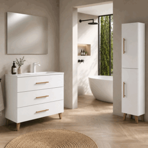 Mueble de baño Fusta con lavabo de porcelana, tres cajones y diseño con patas