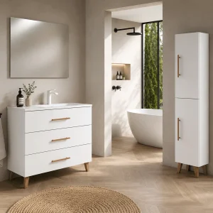 Mueble de baño Fusta con lavabo de porcelana, tres cajones y diseño con patas, en blanco con columna