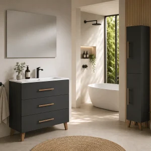 Mueble de baño Fusta con lavabo de porcelana, tres cajones y diseño con patas, en negro, ambientado en baño, vista 6