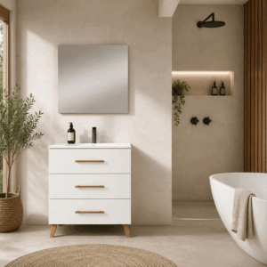 Mueble de baño Fusta con lavabo de porcelana, tres cajones y diseño con patas - Imagen 3