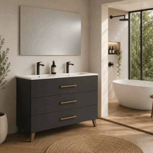 Mueble de baño Fusta con doble lavabo de porcelana, tres cajones y diseño con patas