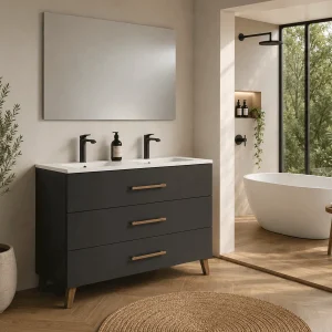 Mueble de baño Fusta con doble lavabo de porcelana, tres cajones y diseño con patas, en negro con espejo