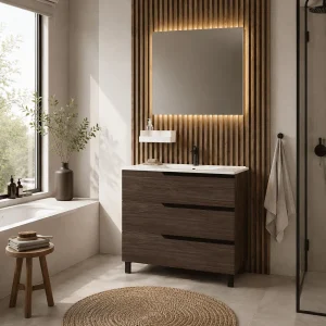 Conjunto de mueble de baño Bohe tres cajones con patas y lavabo porcelánico Marte, en madera oscura, ambientado en baño