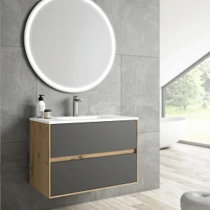 Mueble de baño suspendido Mydesign con lavabo de porcelana, en gris oscuro, ambientado en baño