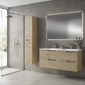 Mueble de baño suspendido Ezio con doble lavabo de porcelana y cuatro cajones - Imagen 3