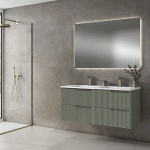 Mueble de baño suspendido Ezio con doble lavabo de porcelana y cuatro cajones