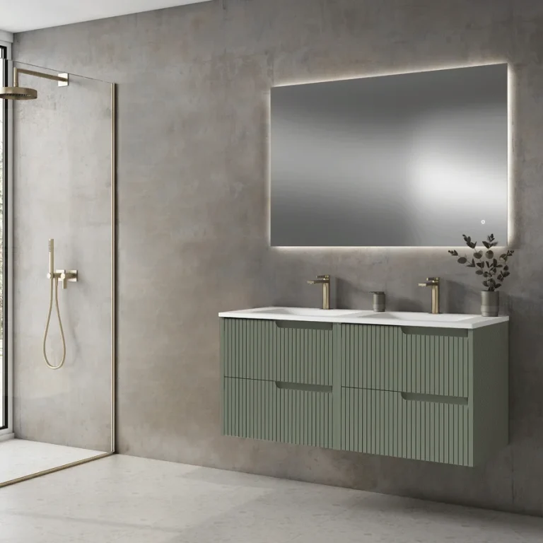 Mueble de baño suspendido Ezio con doble lavabo de porcelana y cuatro cajones, en verde ranurado con espejo