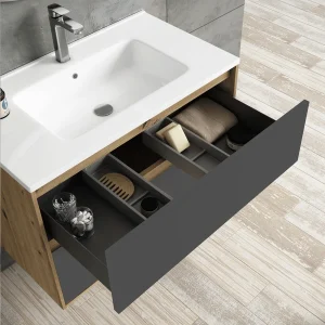 Mueble de baño suspendido Mydesign con lavabo de porcelana, con cajón abierto en gris oscuro