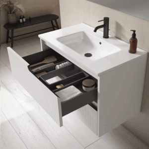 Mueble de baño Ezio con lavabo de porcelana y tres cajones con patas en negro - Imagen 2