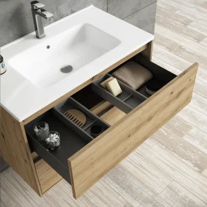 Mueble de baño suspendido Mydesign con lavabo de porcelana, con cajón abierto en madera