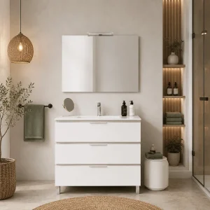Conjunto de mueble Austin con tres cajones y patas, en blanco, ambientado en baño, vista 4