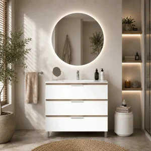 Conjunto de mueble Austin con tres cajones y patas, en blanco con espejo redondo iluminado