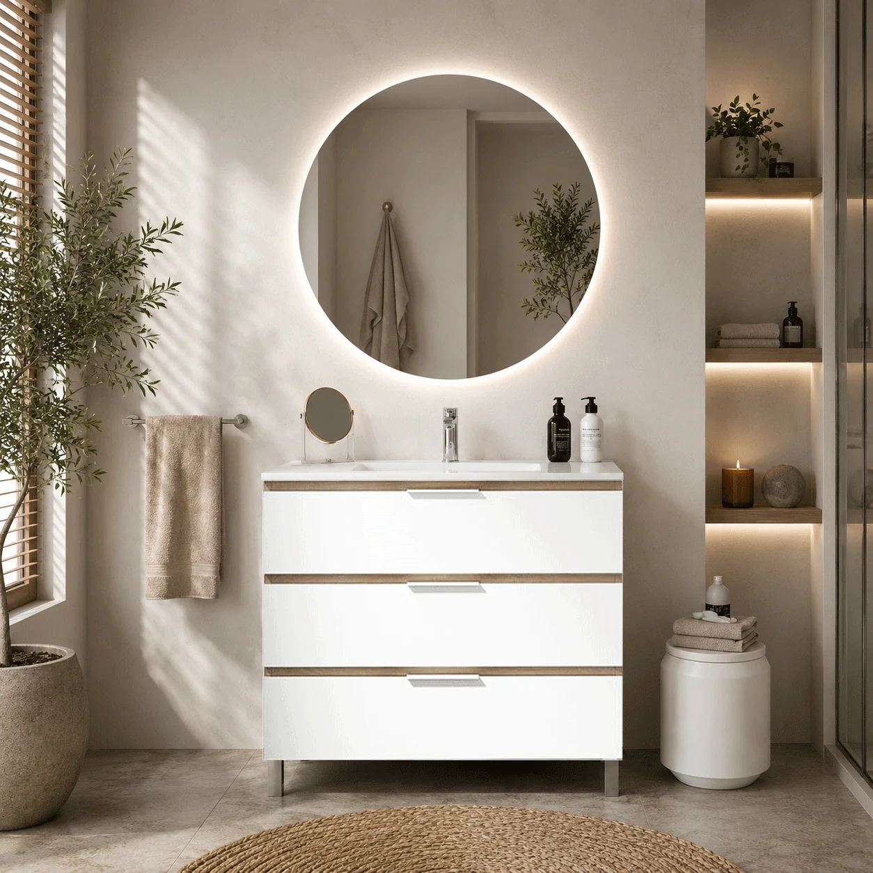 AUSTIN-DENVER-BLANCO-1 Conjunto de mueble Austin con tres cajones y patas, en blanco con espejo redondo iluminado