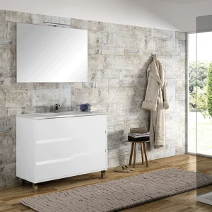 Conjunto mueble de baño Alaska con lavabo porcelanico, en blanco, ambientado en baño