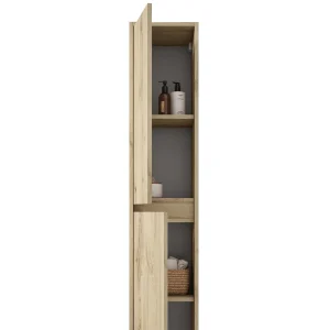 Columna de baño suspendida Jade con dos puertas y baldas interiores, en madera, abierto con el interior visible