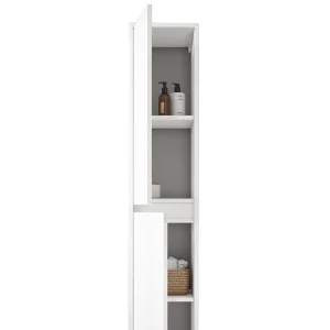 Columna de baño suspendida Jade con dos puertas y baldas interiores, en blanco, abierto con el interior visible