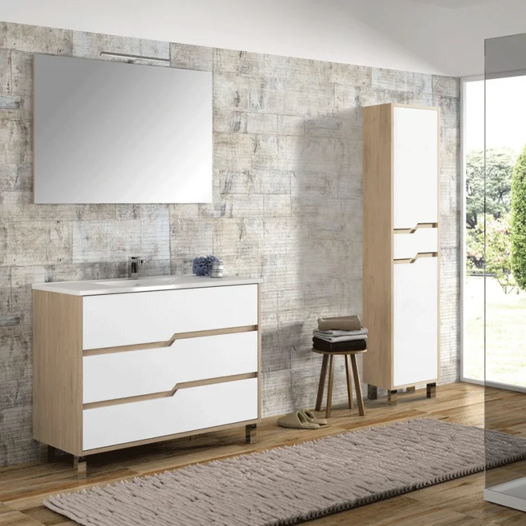 Conjunto mueble de baño Alaska con lavabo porcelanico, en blanco y madera con patas y espejo