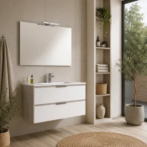 Conjunto de mueble de baño Detroit con dos cajones suspendido y lavabo de porcelana, en blanco, ambientado en baño, vista 3