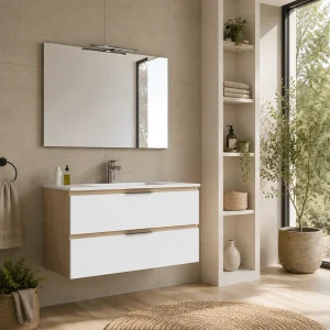 Conjunto de mueble de baño Detroit con dos cajones suspendido y lavabo de porcelana, en blanco y madera con espejo