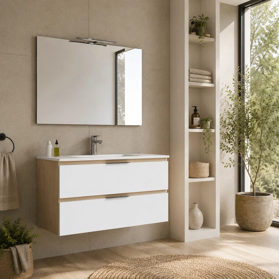 DETROIT-DENVER 1 Conjunto de mueble de baño Detroit con dos cajones suspendido y lavabo de porcelana, en blanco y madera con espejo