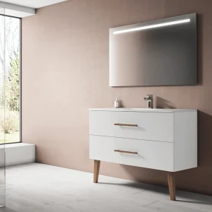 Mueble de baño Fusta con lavabo de porcelana y diseño con patas, en blanco, ambientado en baño, vista 4