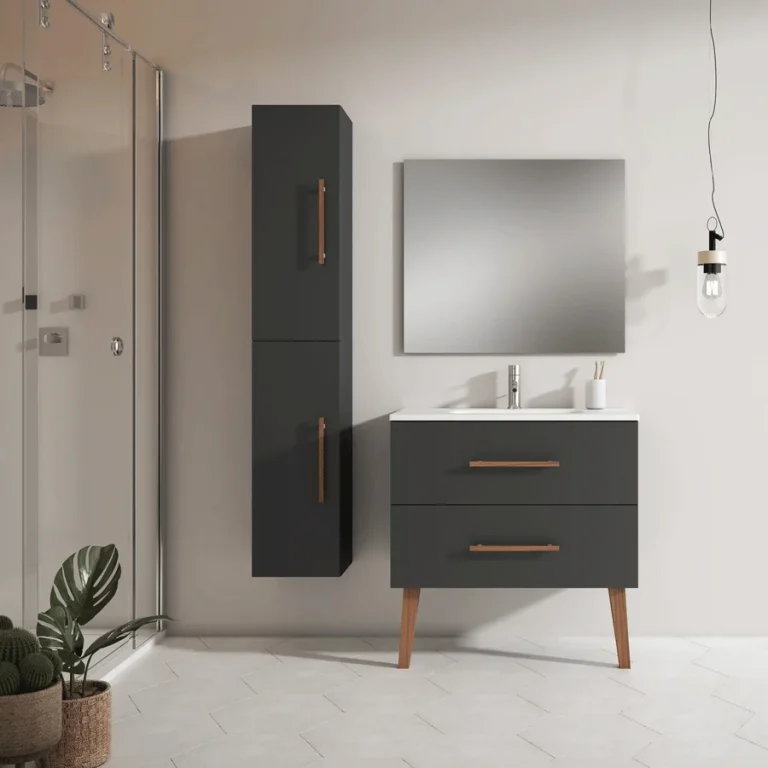 Mueble de baño Fusta con lavabo de porcelana y diseño con patas, en negro con columna