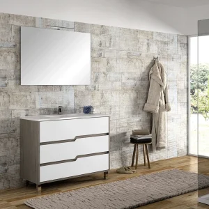 Conjunto mueble de baño Alaska con lavabo porcelanico, en blanco, ambientado en baño, vista 3