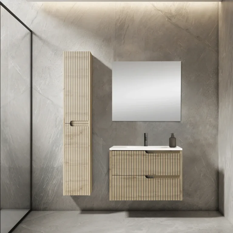 Mueble de baño suspendido Ezio con lavabo de porcelana, en madera con espejo y columna