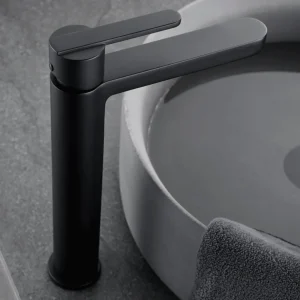 Grifo monomando Roma Imex moderno y minimalista, en negro, ambientado en baño