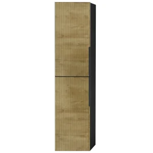 Columna auxiliar Marte con frente fresado de rayas verticales y baldas interiores, en madera clara con marco negro