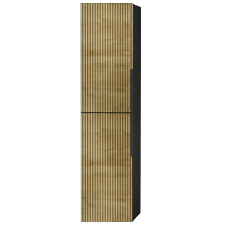 Columna auxiliar Marte con frente fresado de rayas verticales y baldas interiores, en madera clara con marco negro