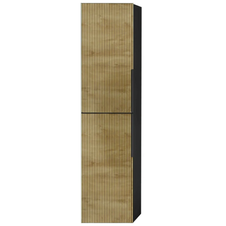 Columna auxiliar Marte con frente fresado de rayas verticales y baldas interiores, en madera clara con marco negro