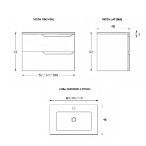 Conjunto de mueble de baño suspendido Bohe con lavabo de porcelana y gran capacidad, plano con medidas