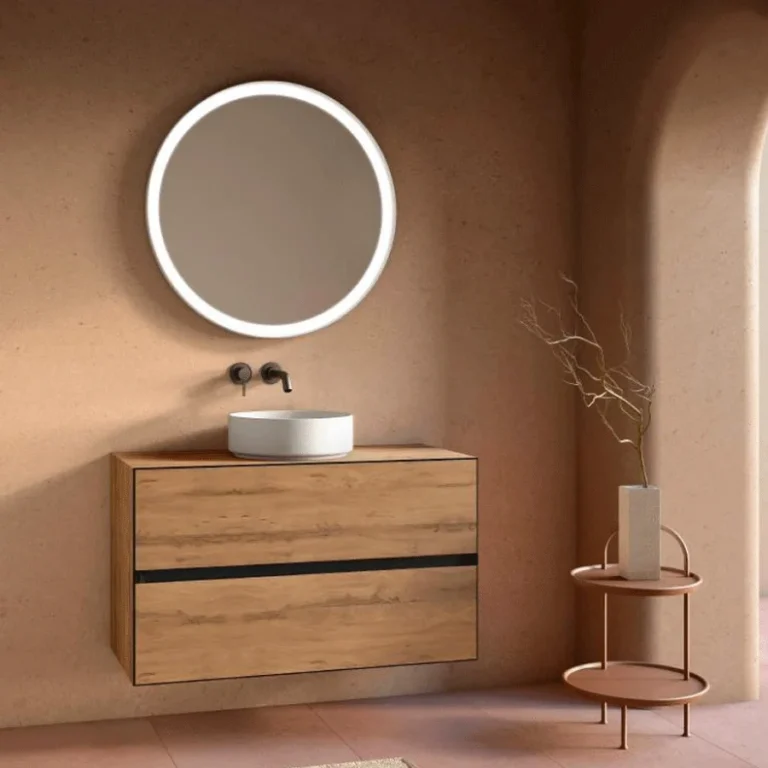 Mueble de baño suspendido Ulises con tapa 360 para lavabo sobre encimera, en madera con espejo redondo iluminado