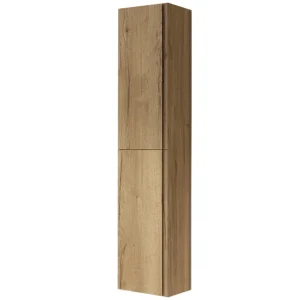 Columna auxiliar de baño suspendida Coral con dos puertas y baldas interiores, en acabado madera