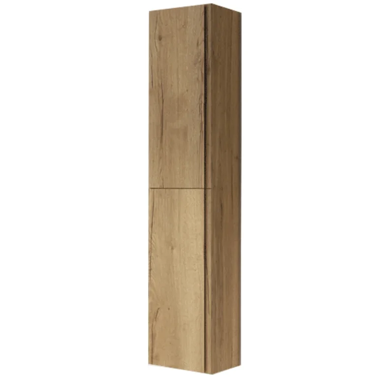 Columna auxiliar de baño suspendida Coral con dos puertas y baldas interiores, en acabado madera