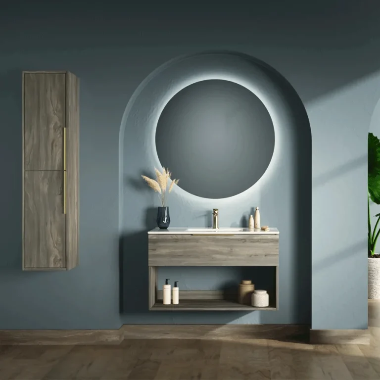 Conjunto mueble de baño suspendido Minerva con lavabo de porcelana, en negro con espejo redondo iluminado