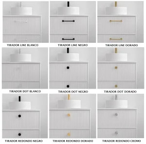 Mueble de baño colección Blanca con lavabo de porcelana, muestrario de acabados disponibles