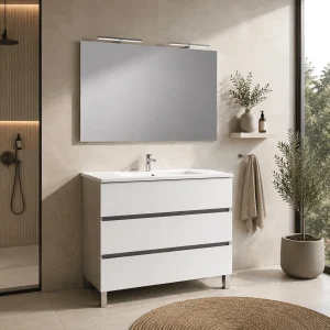 Conjunto de mueble Brasilia con tres cajones y lavabo porcelánico, en blanco, ambientado en baño